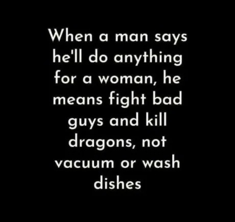 ﻿When a man says he’Il do anything for a woman; he means fight bad guys and kill dragons, not vacuum or wash dishes