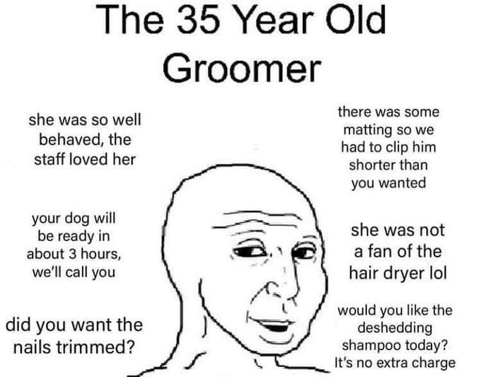 ﻿The 35 Year Old Groomer there was some she was SO well matting SO we behaved; the had to clip him staff loved her shorter than you wanted your will be ready in she was not about 3 hours, a fan of the we”Il call you hair dryer lol would you like the did you want the deshedding nails trimmed? shampoo today? It’s no extra charge dog