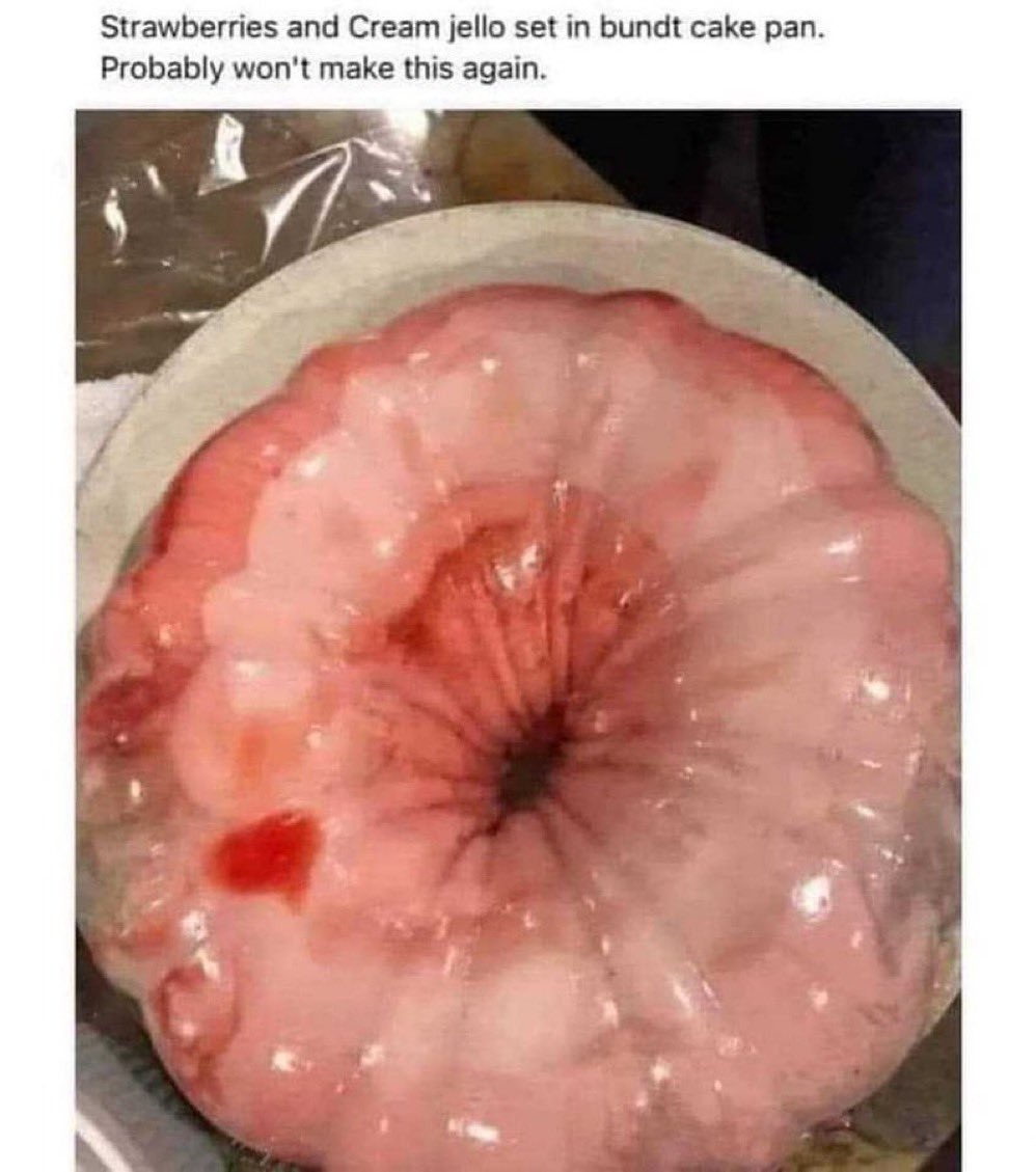 ﻿Strawberries and Cream jello set in bundt cake pan: Probably won”t make this again.