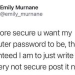 ﻿Emily Murnane @emily_murnane The more secure u want my computer password to the more guaranteed | am to just write that shit on a very not secure post it note be;