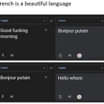 ﻿French is a beautiful language English French Good fucking Bonjour putain morning French English Bonjour Hello whore putain