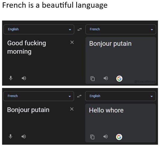 ﻿French is a beautiful language English French Good fucking Bonjour putain morning French English Bonjour Hello whore putain