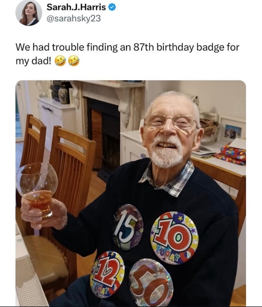 ﻿Sarah.J Harris @sarahsky23 We had trouble finding an 87th birthday badge for my dad! 15) 41 So