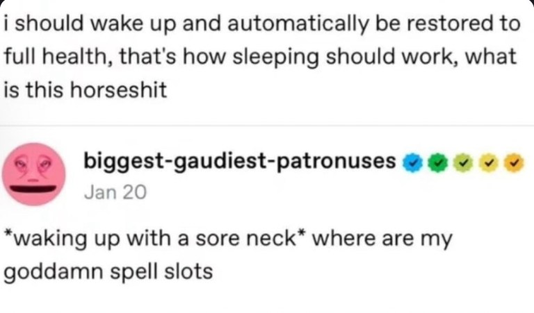 ﻿i should wake up and automatically be restored to full health, that’s how sleeping should work; what is this horseshit biggest-gaudiest-patronuses Jan 20 waking up with a sore neck* where are my goddamn spell slots