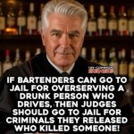 ﻿UN-COMMON SENSB IF BARTENDERS CAN GO TO JAIL FOR OVERSERVING A DRUNK PERSON WHO DRIVES, THEN JUDGES SHOULD Go To JAIL FOR CRIMINALS THEY RELEASED WHO KILLED SOMEONEI