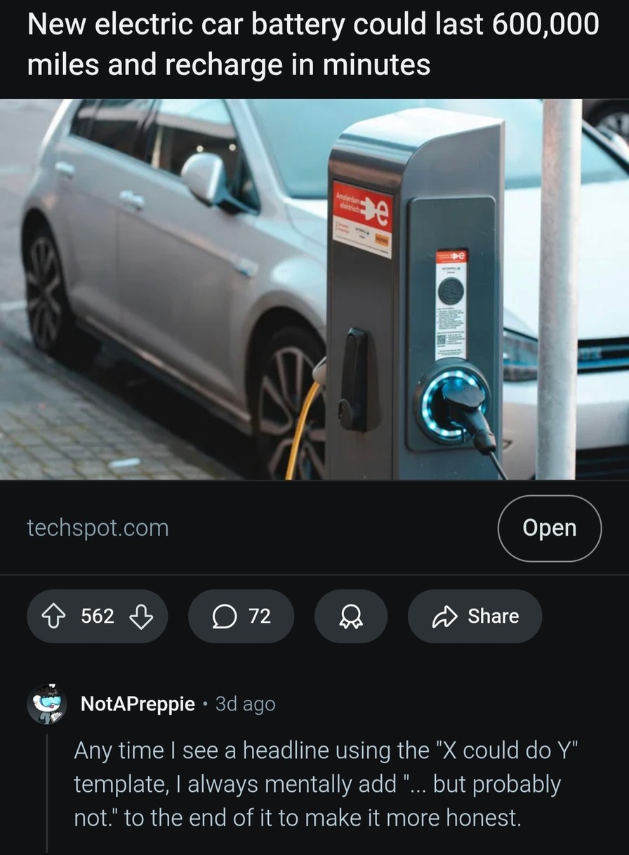 ﻿New electric car battery could last 600,000 miles and recharge in minutes 8 techspot com Open 562 0 72 Share NotAPreppie 3d ago time | see a headline using the “X could do Y” template; | always mentally add but probably to the end of it to make it more honest. Any not “
