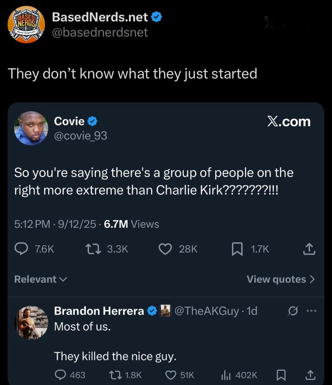 ﻿Vreros7 BasedNerds.net @basednerdsnet They don’t know what just started Covie X.com @covie_93 So you’re saying there’s a group of people on the right more extreme than Charlie Kirk?222222WW! 5.12PM 9/12/25 6.7M Views 7.6K 1 3.3K 28K 1.7K Relevant View quotes Brandon Herrera @TheAKGuy . Id Most ofus: killed the nice guy: 463 1l 1.8K 51K Il 402K 3 they They