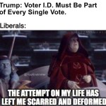 ﻿Trump: Voter I.D: Must Be Part of Every Single Vote: Liberals: NIC KSDANKMEME S YouKnolmHer THEATEMPT ON MY LIFE HAS LEFT ME SCARRED AND DEFORMED