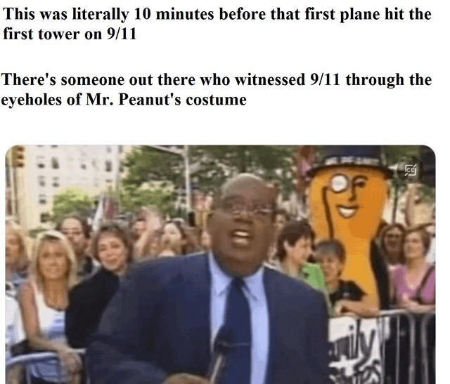 ﻿This was literally 10 minutes before that first plane hit the first tower on 9/11 There’s someone out there who witnessed 9/11 through the eyeholes of Mr. Peanut’s costume