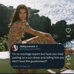 ﻿18K Hailey Lennon @HaileyLennonBTC 434 Tm no marriage expert but have you tried putting on a sun dress and telling him you don’t trust the government? 283 23.20 09 Sep 24 17.8K western aesthetics Follow perfection) Luke Muz;