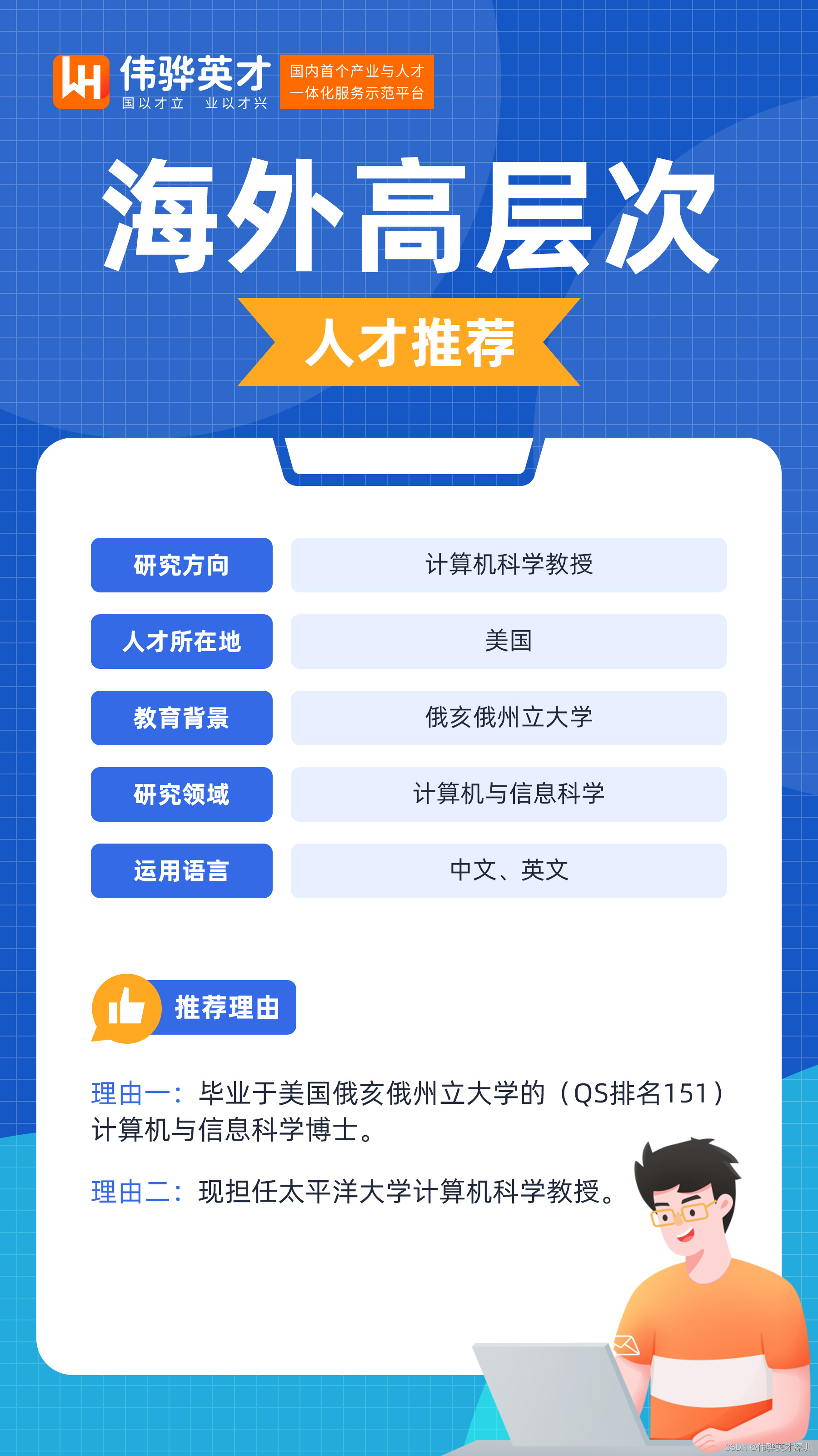 人才推荐| 美国太平洋大学教授,计算机与信息科学博士-CSDN博客 科学 博士