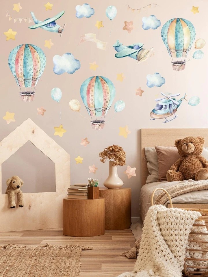 4pcs Hot Air Balloon Cloud Pattern Wall Sticker Modern Pvc Decal For Home Decoration Shein 4pcs Hot Air Balloon Cloud Pattern