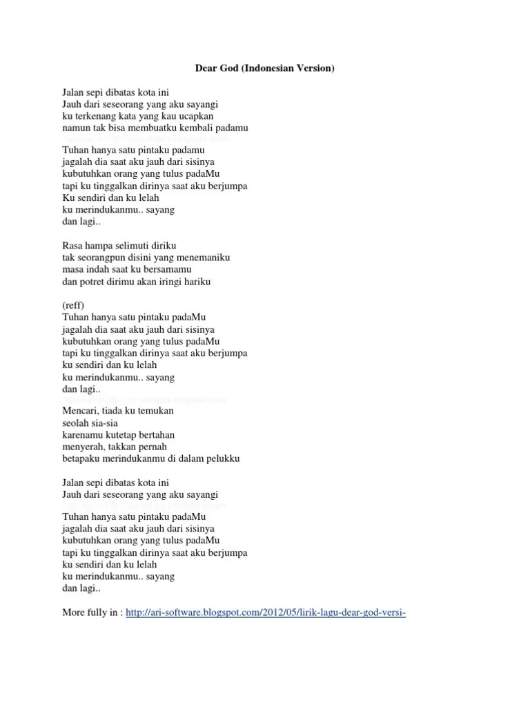 Lyric Lagu Dear God Versi Indonesia – Nasi