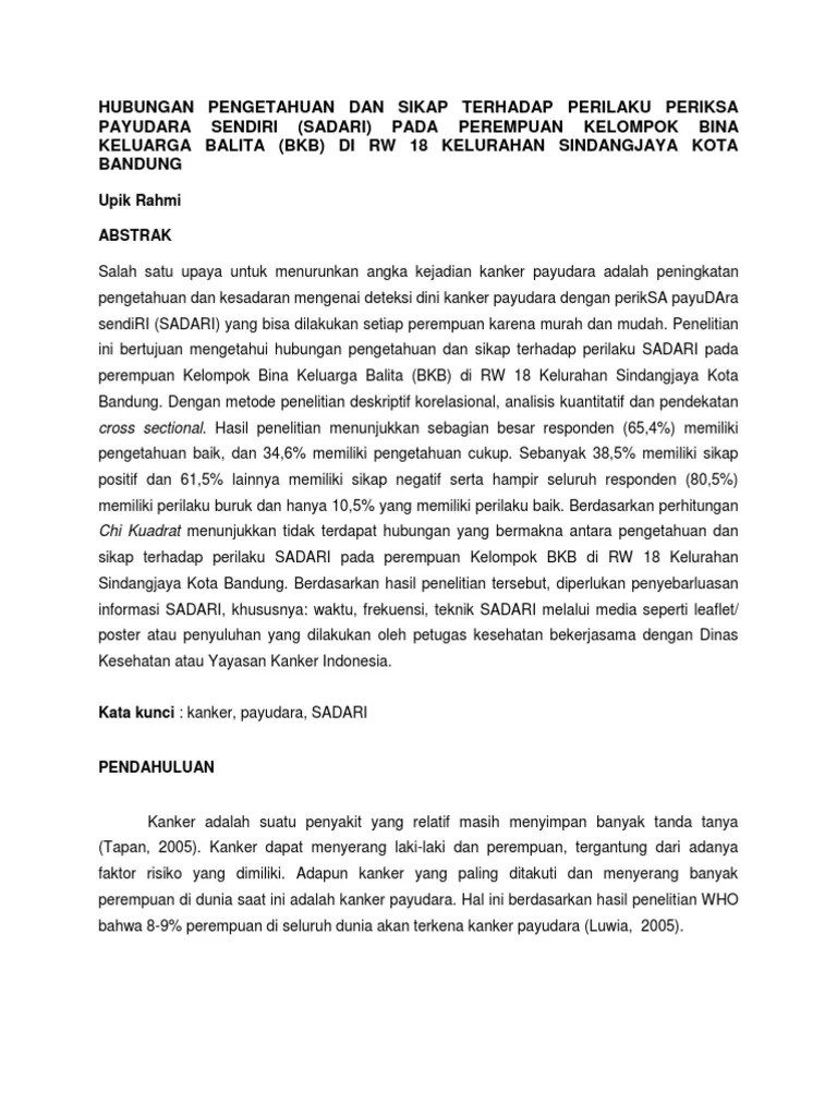 Hubungan Pengetahuan Dan Sikap Terhadap Perilaku Periksa Payudara Sendiri  (Sadari) Pada Perempuan Kelompok Bina Keluarga Balita (BKB) Di RW 18  Kelurahan Sindangjaya Kota Bandung | PDF
