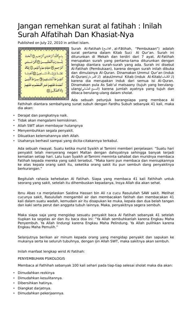 Khasiat Surat Al Fatihah - Hidup Sehat
