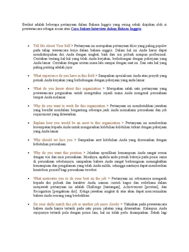 Contoh Wawancara Kerja Dalam Bahasa Inggris – Nasi