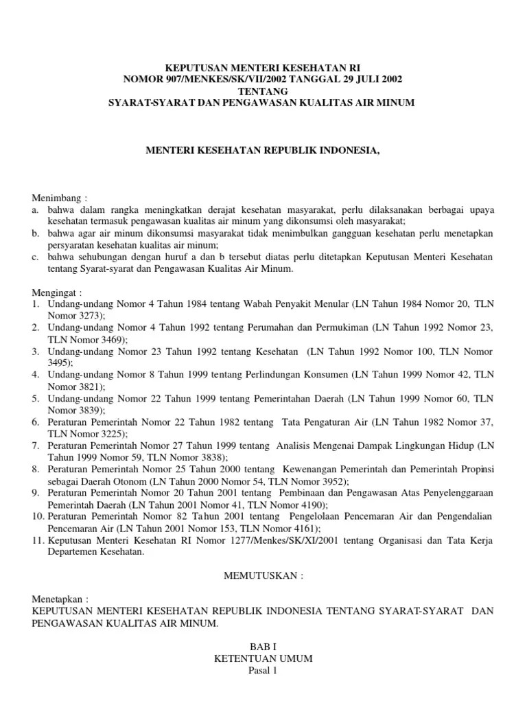 Standar Baku Mutu Air Minum Menkes - 907 | PDF