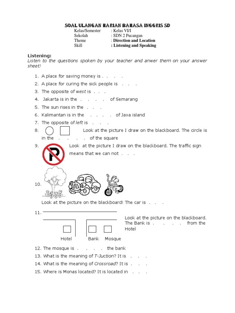 Soal Ulangan Harian Bahasa Inggris SD Theme Direction and Location | PDF
