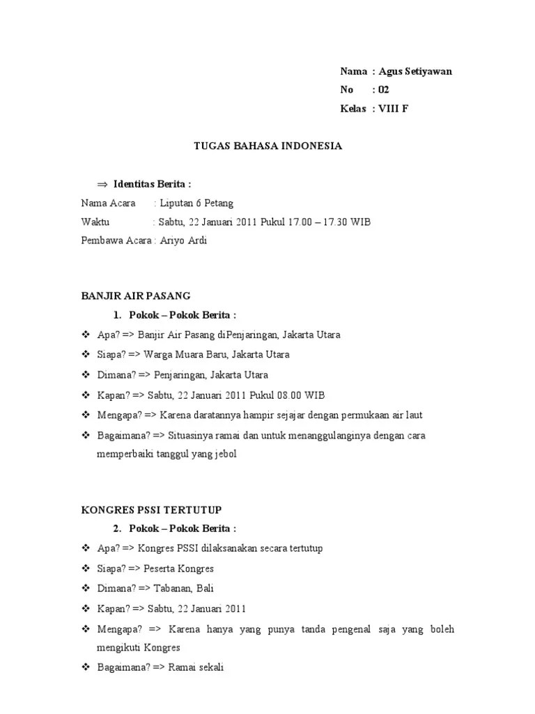 Tugas Berita Bahasa Indonesia SMP | PDF