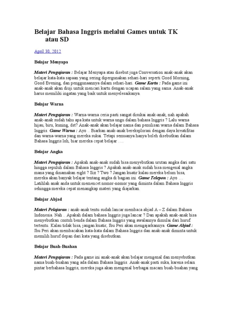 Belajar Bahasa Inggris Melalui Games Untuk TK Atau | PDF