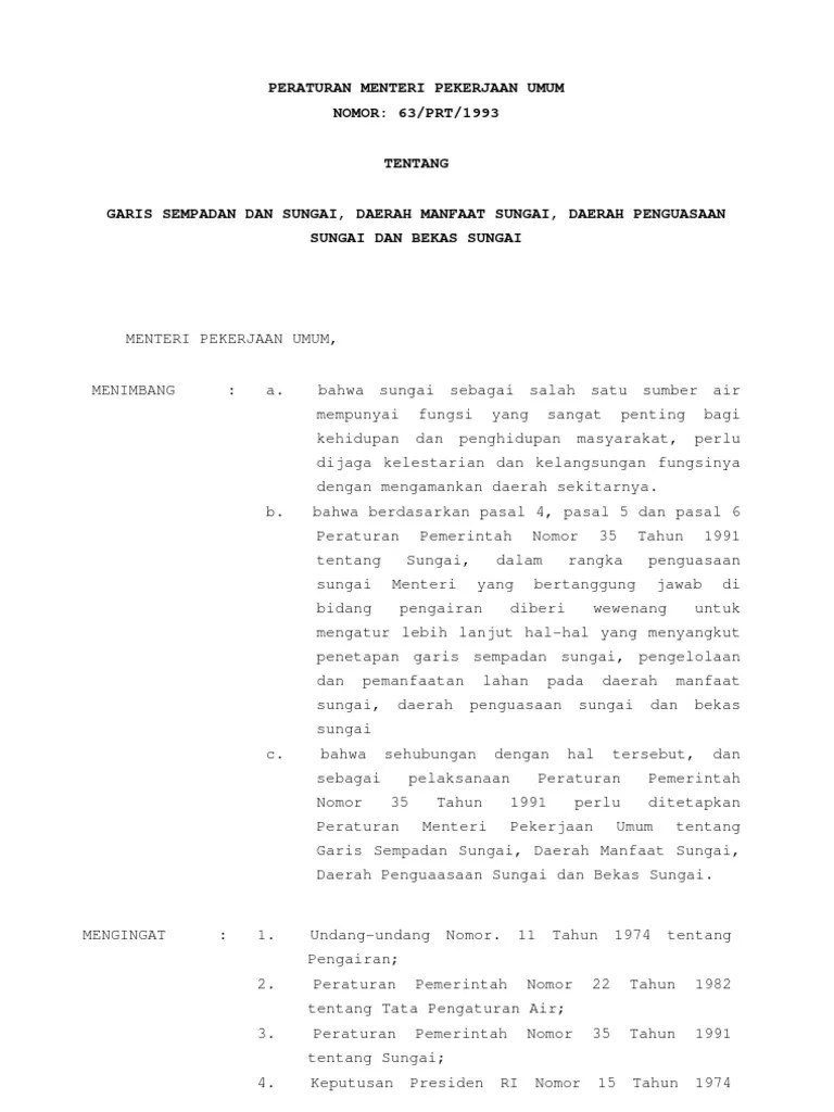 Permen PU NO. 63 THN 1993 TTG Garis Sempadan Sungai | PDF