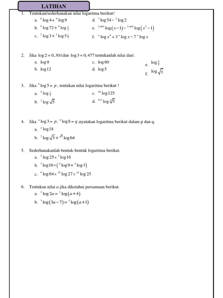 Sifat Sifat Logaritma + Operasi Aljabar Bentuk Logaritma | PDF