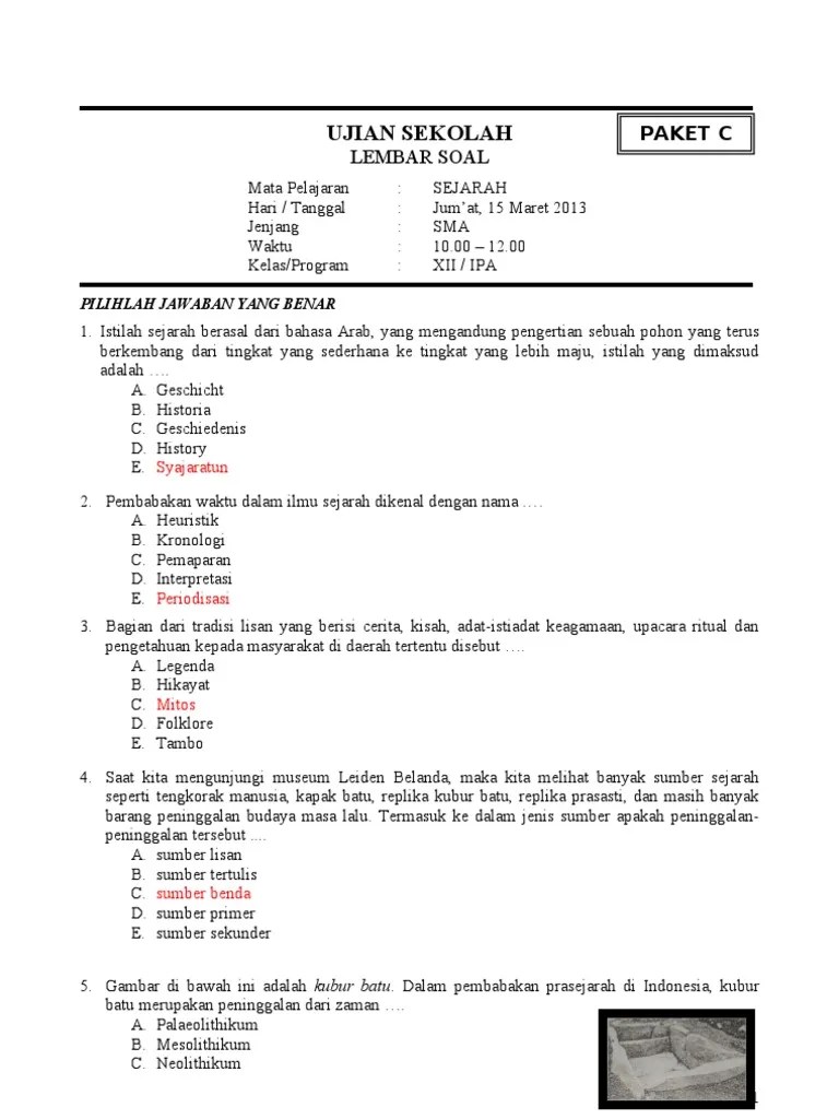 Soal Ujian Sekolah Sejarah Sma Dan Kunci Jawaban