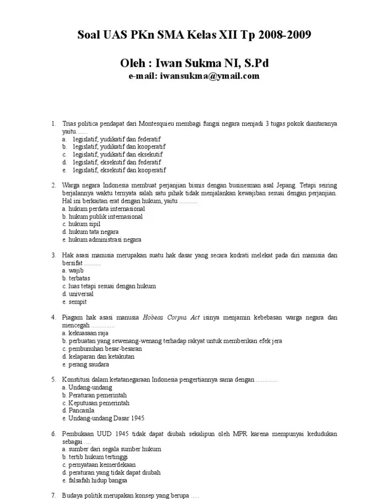 Soal Dan Jawaban Uts Pkn Kelas Xii Semester 1