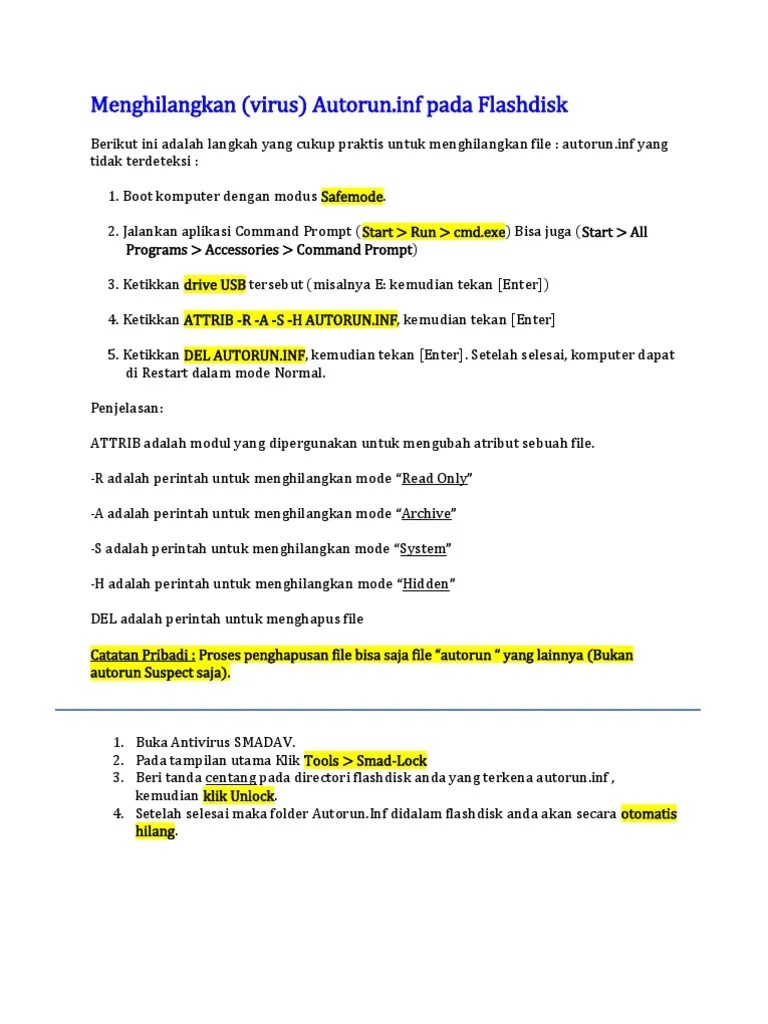 Menghilangkan (Virus) Autorun - Inf Pada Flashdisk | PDF