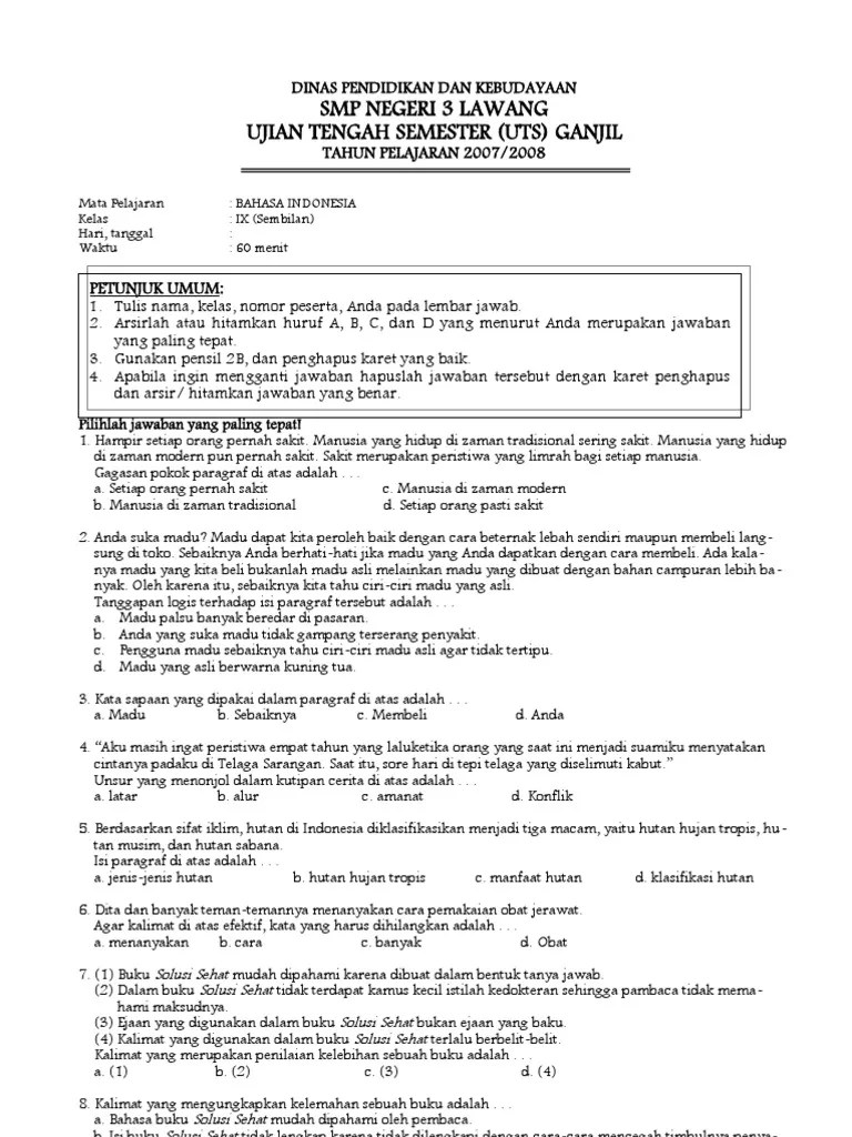 0708 UTS Ganjil Bahasa Indonesia Kelas 9 | PDF