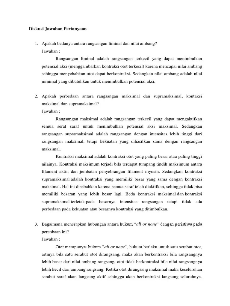 Diskusi Jawaban Pertanyaan Faal Praktikum Topik 1 | PDF