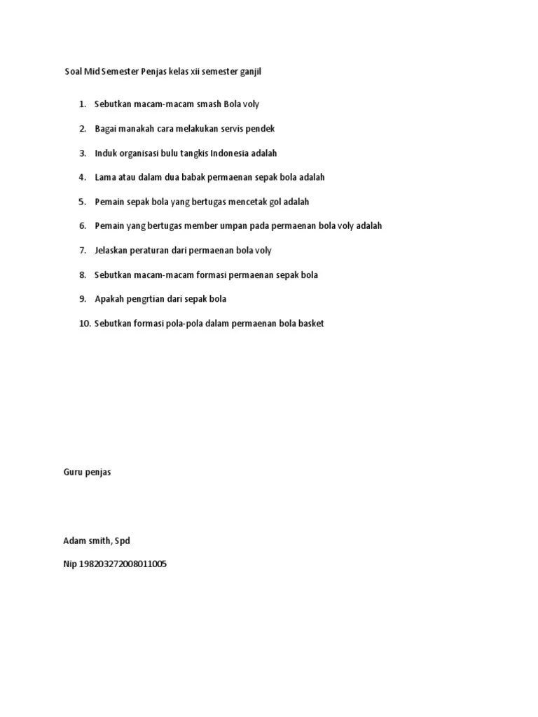 Soal Uas Penjas Smk Kelas Xii