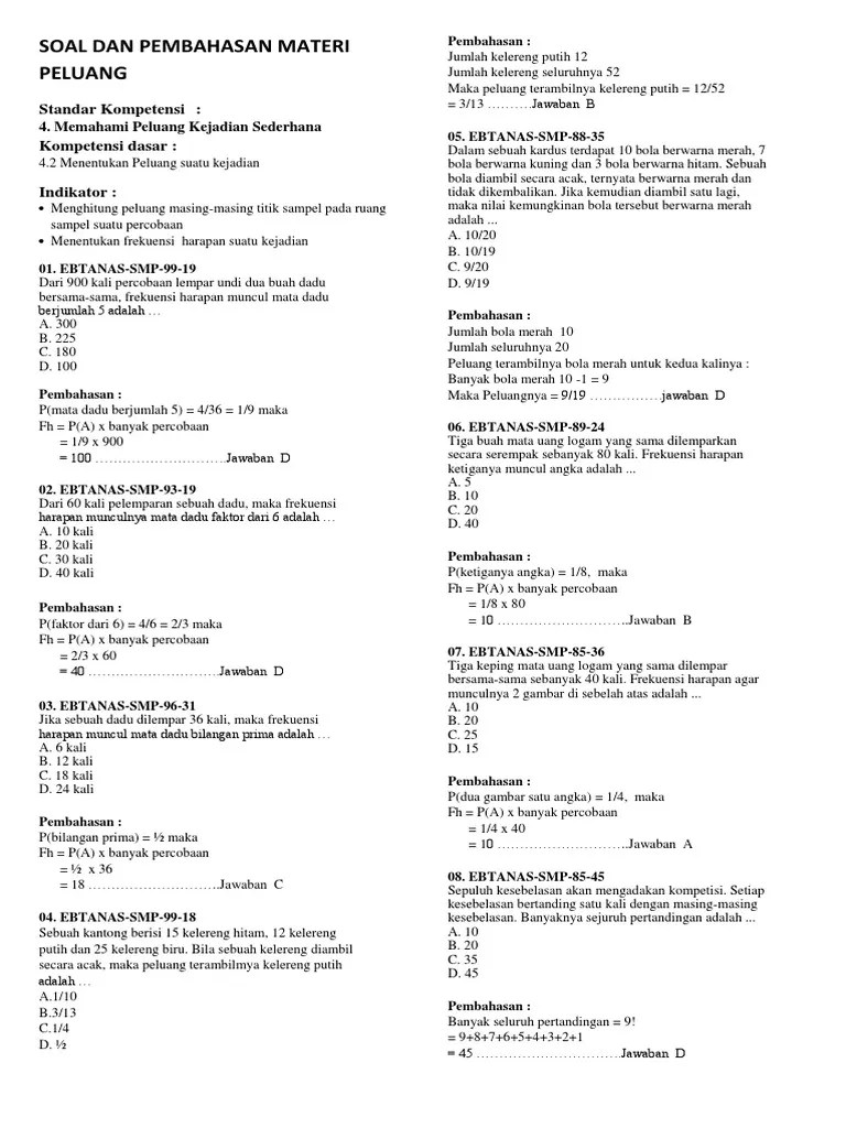 10 Soal Dan Penyelesaiannya Materi Frekuensi Harapan - Revisi Id