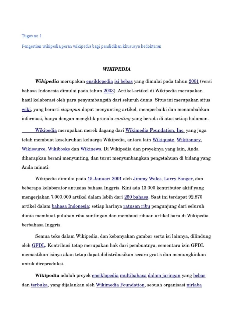 Wikipedia Wikipedia Merupakan: Tugas No.1 Pengertian Wikipedia, Peran  Wikipedia Bagi Pendidikan Khususya Kedokteran | PDF