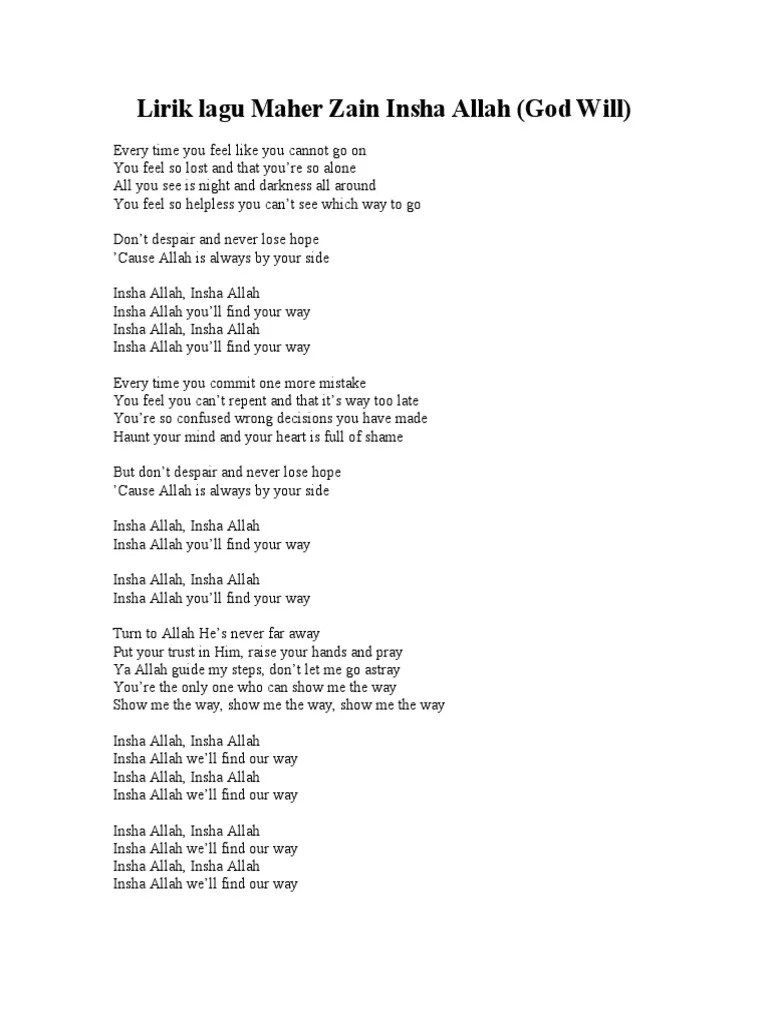 Lirik Lagu Maher Zain Insha Allah | PDF | Monotheism | Islamic Theology