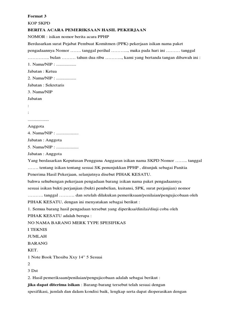 Berita Acara Pemeriksaan Hasil Pekerjaan Pengadaan Barang Dan Jasa | PDF