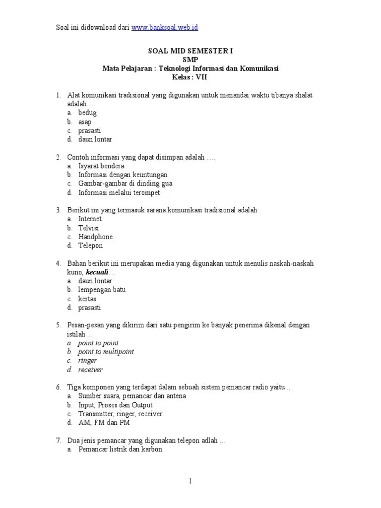 Soal Ulangan Mid Semester I SMP Kelas VII - Teknologi Informasi Dan  Komunikasi | PDF
