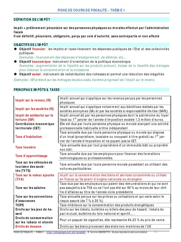 Fiche Cours Fiscalite 1 | PDF | Impôt sur le revenu | Impôts
