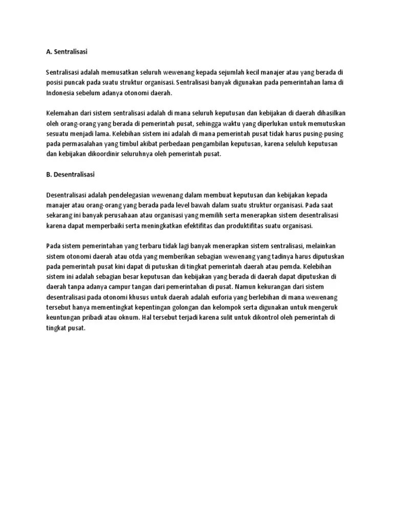 Contoh Struktur Organisasi Sentralisasi Dan Desentralisasi