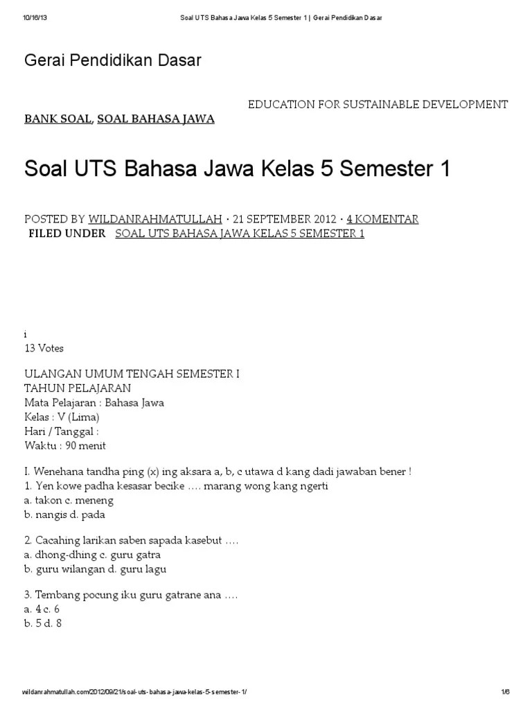Soal Mid Semester 1 Kelas 5 Sd Bahasa Jawa