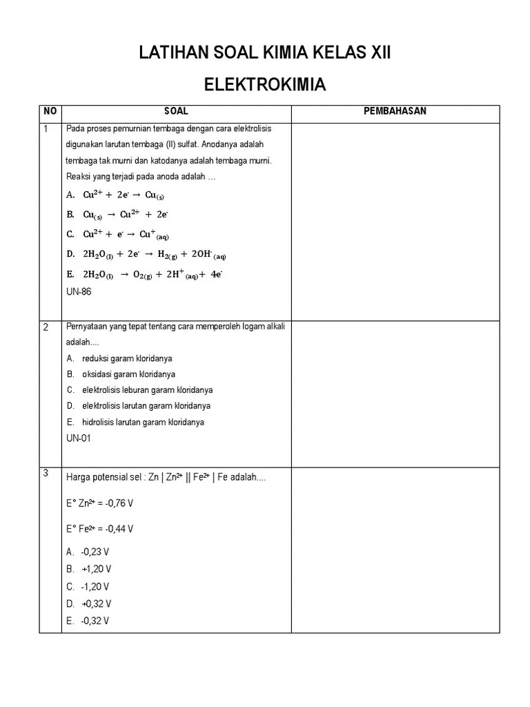 Latihan Soal Kimia Kelas Xii-Elektrokimia | PDF