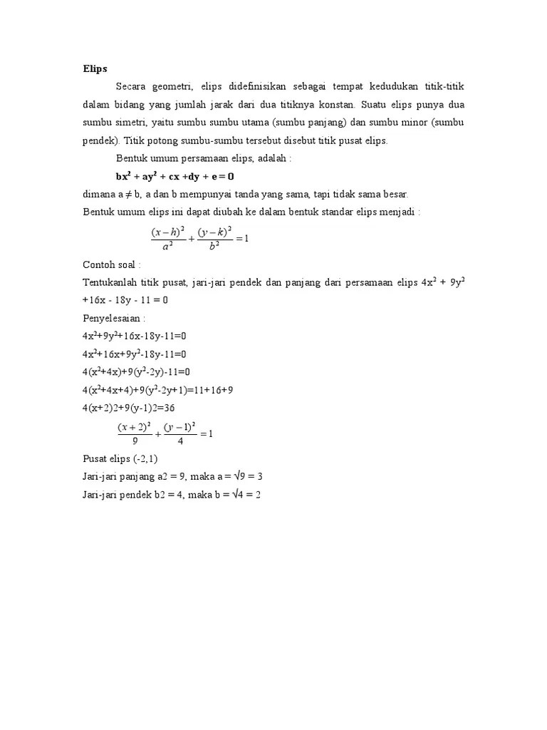 Contoh Soal Elips Kelas 11