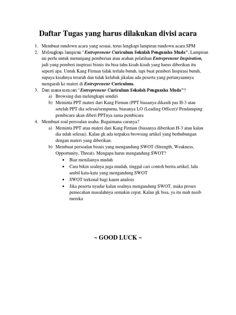 Daftar Tugas Yang Harus Dilakukan Divisi Acara | PDF