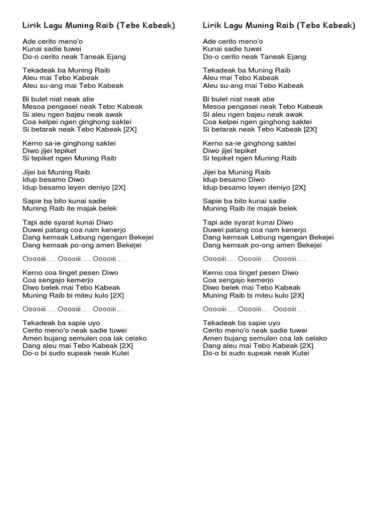 Lirik Lagu Muning Raib (Tebo Kabeak) | PDF