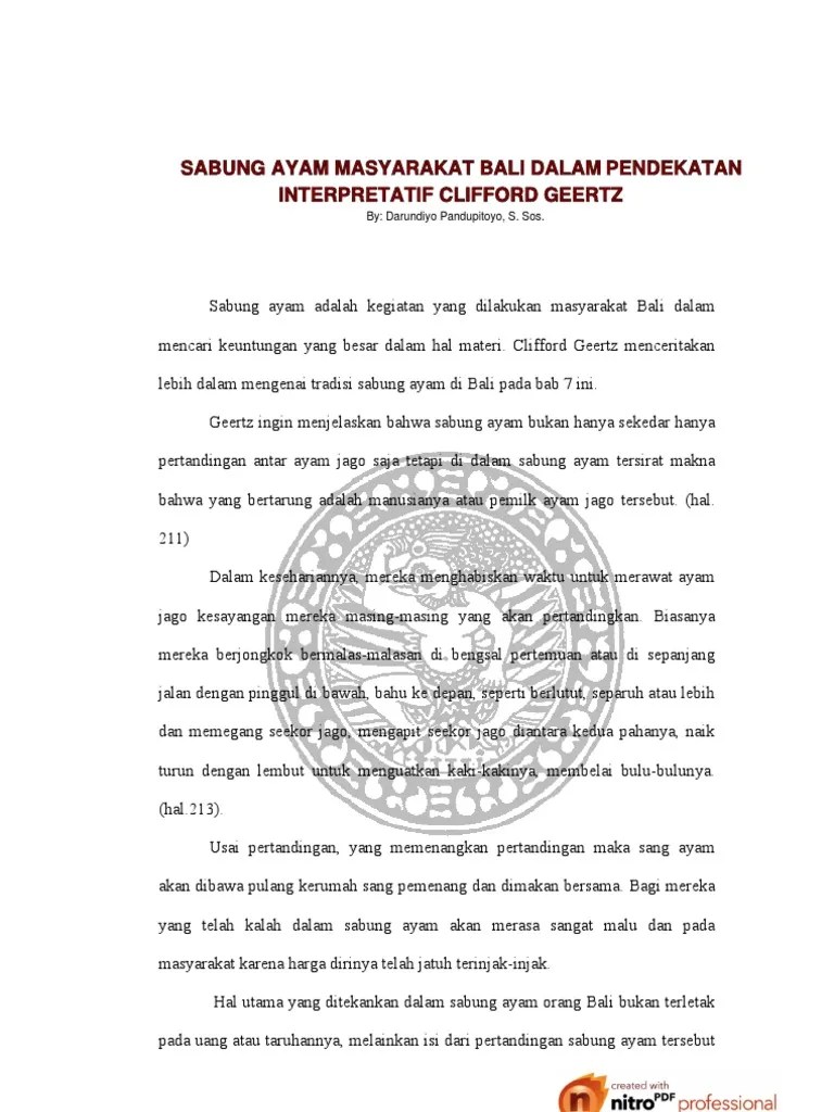 Sabung Ayam Masyarakat Bali Dalam Pendekatan Interpretatif Clifford Geertz  | PDF