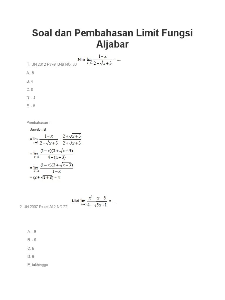 Soal Dan Pembahasan Limit Fungsi | PDF