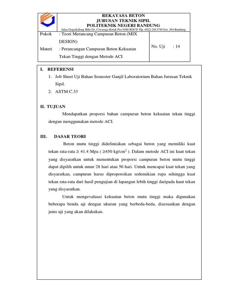 Perancangan Campuran Beton Kekutan Tekan Tinggi Dengan Metode ACI | PDF
