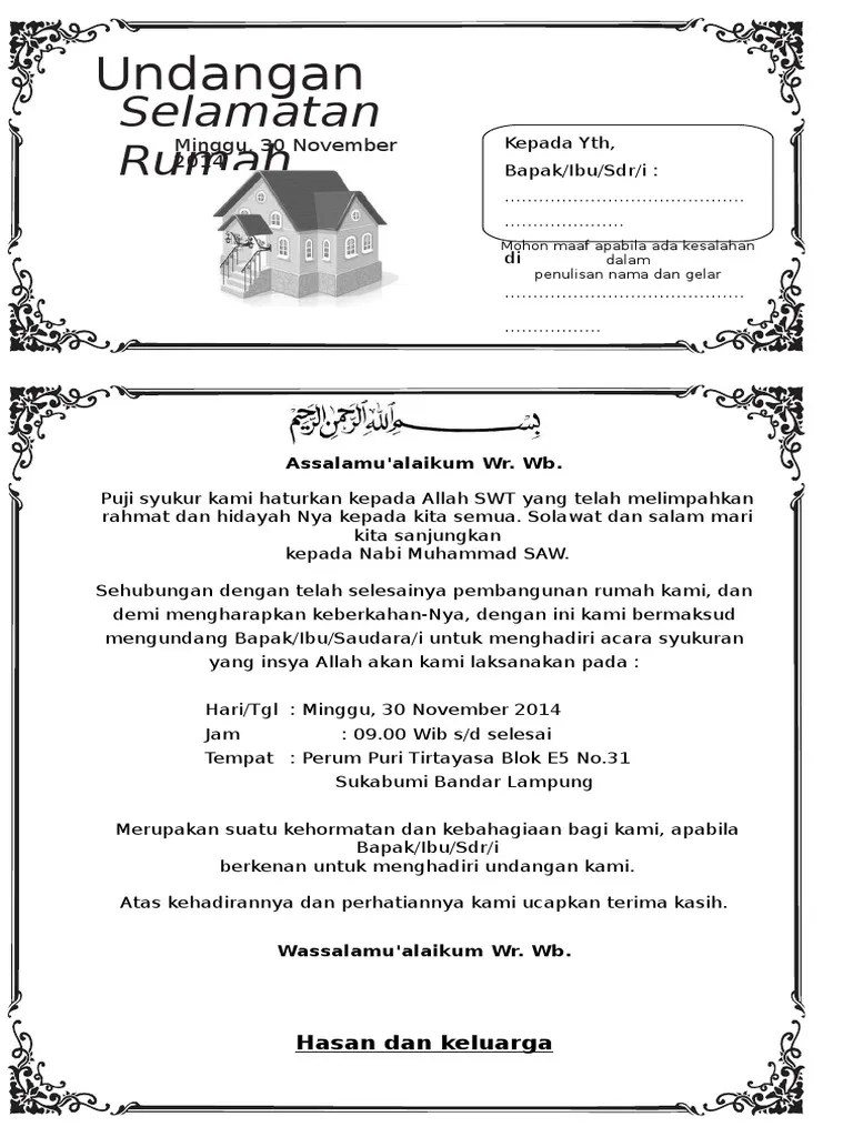 Contoh Surat Undangan Syukuran Rumah Baru | PDF