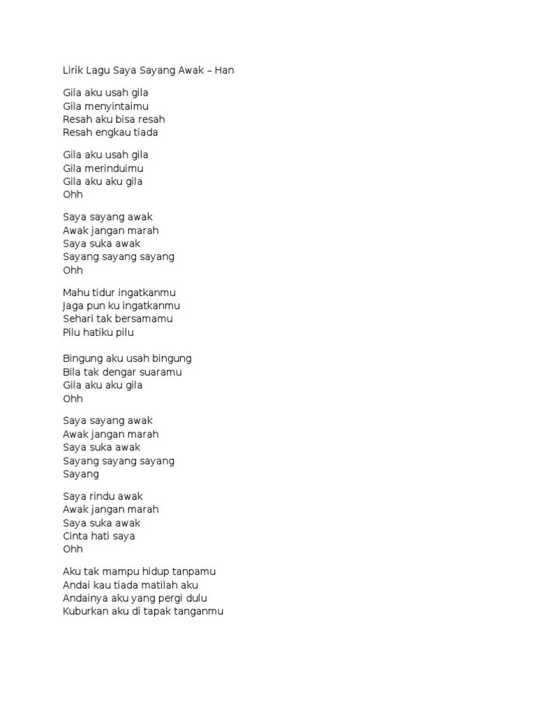 Lirik Lagu Saya Sayang Awak | PDF