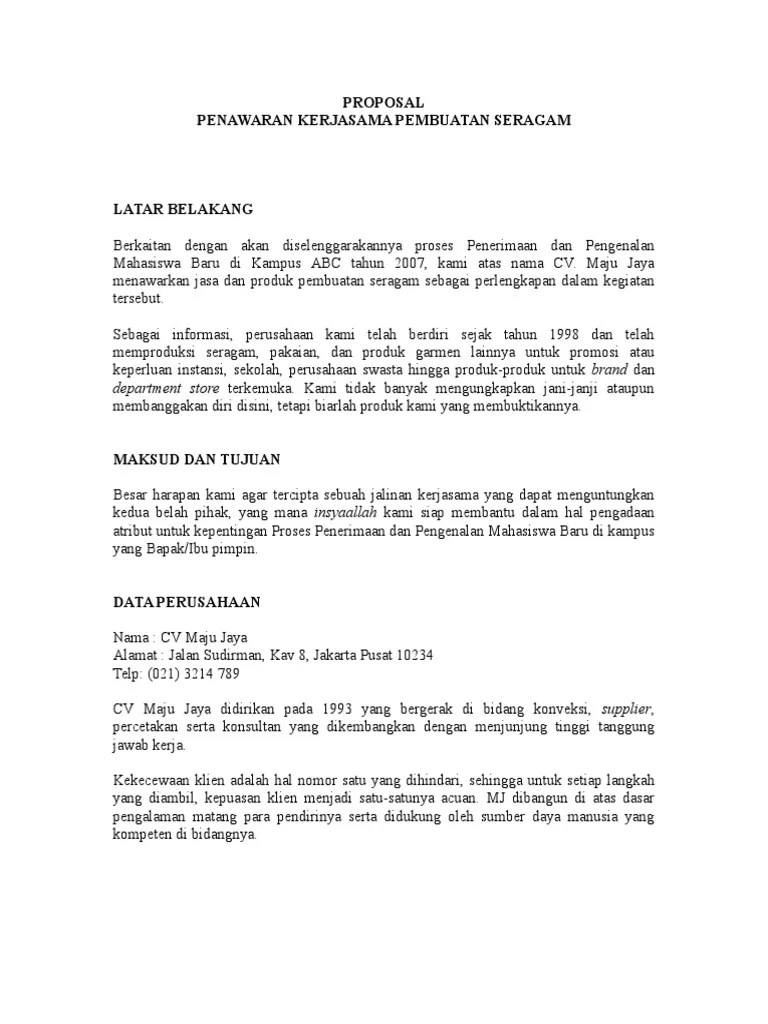Proposal Penawaran Kerjasama Pembuatan Seragam | PDF